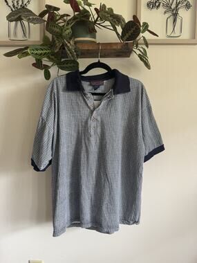 Highland Outfitters Mens L Polo Shirt Navy Blue White Gingham Check 100% Cotton